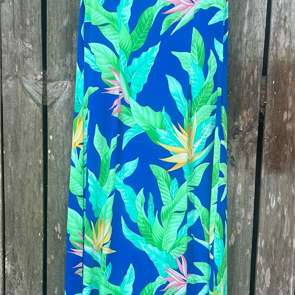 Tommy Bahama Blue and Green Leaf Print  maxi dress
